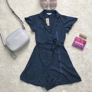 American Eagle Navy Polka Dot Waist Tie Romper XXS